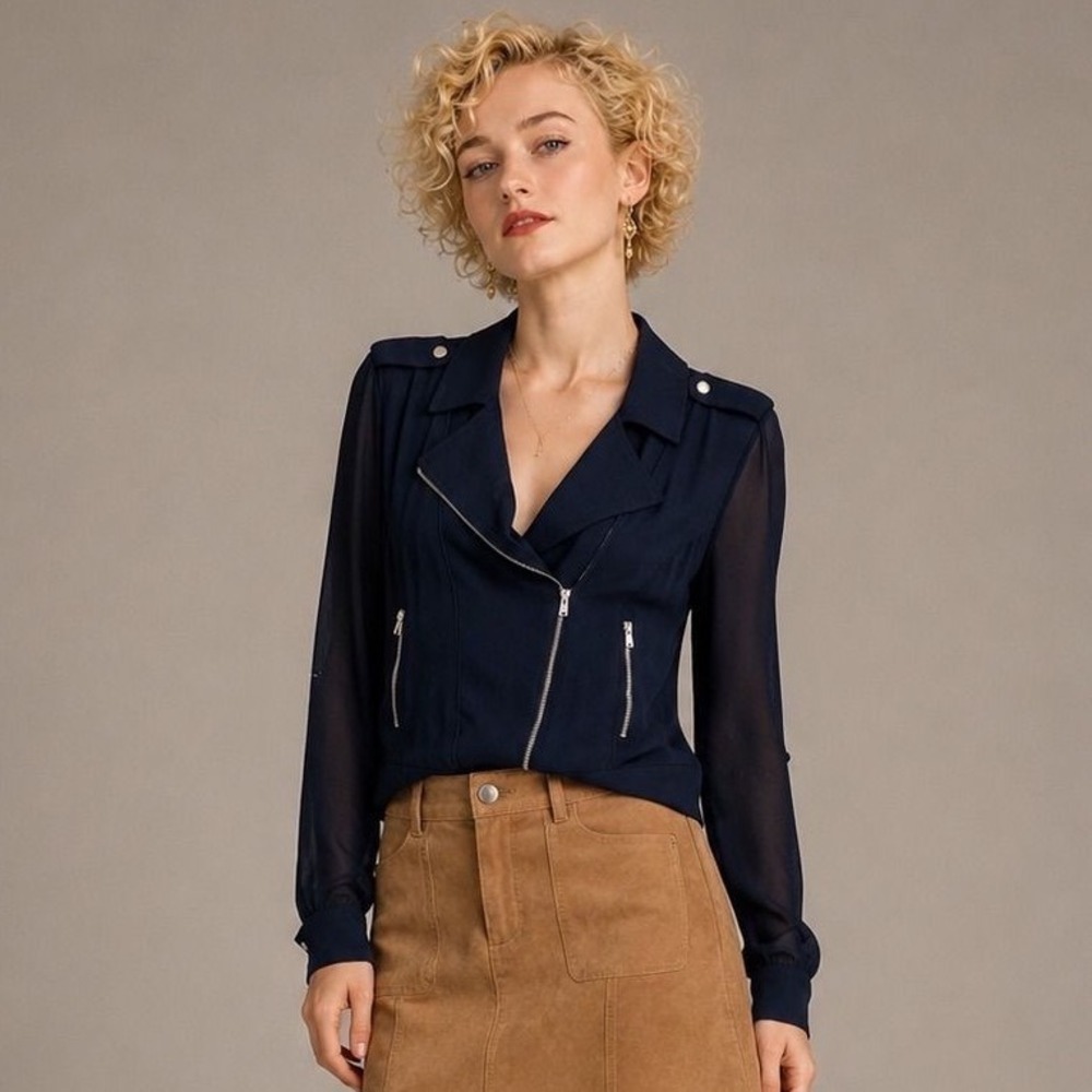 Cache Size 8 Navy Moto Jacket Zip Front Military Utility Style Lightweight Sheer